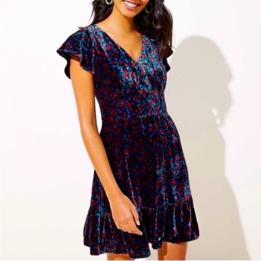 NWT LOFT Blue and Red Floral Velvet Dress
